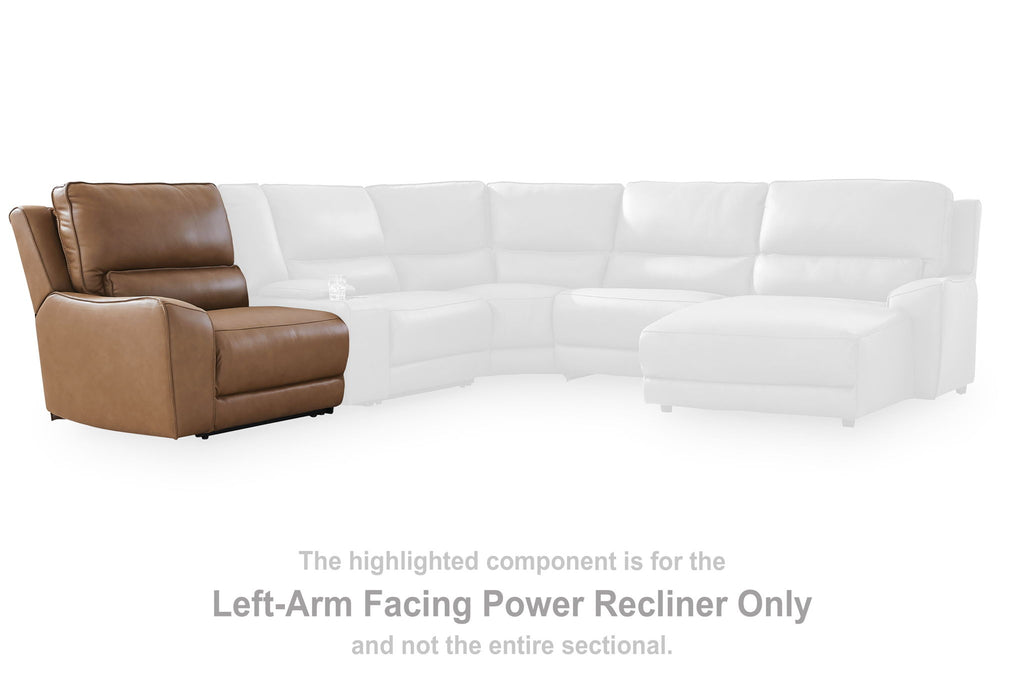 Caramel left-arm power recliner with reclined seat and extended leg rest