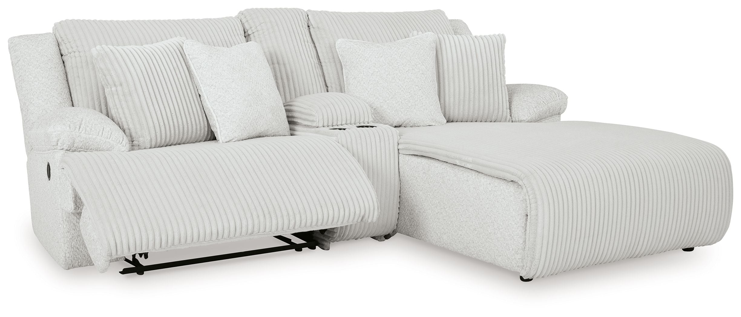 White striped reclining sectional with chaise and multiple back cushions