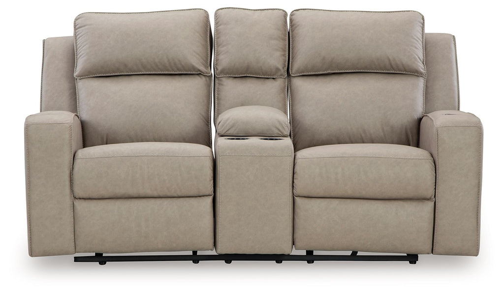 Pebble reclining loveseat with console, two armrests and three back cushions.