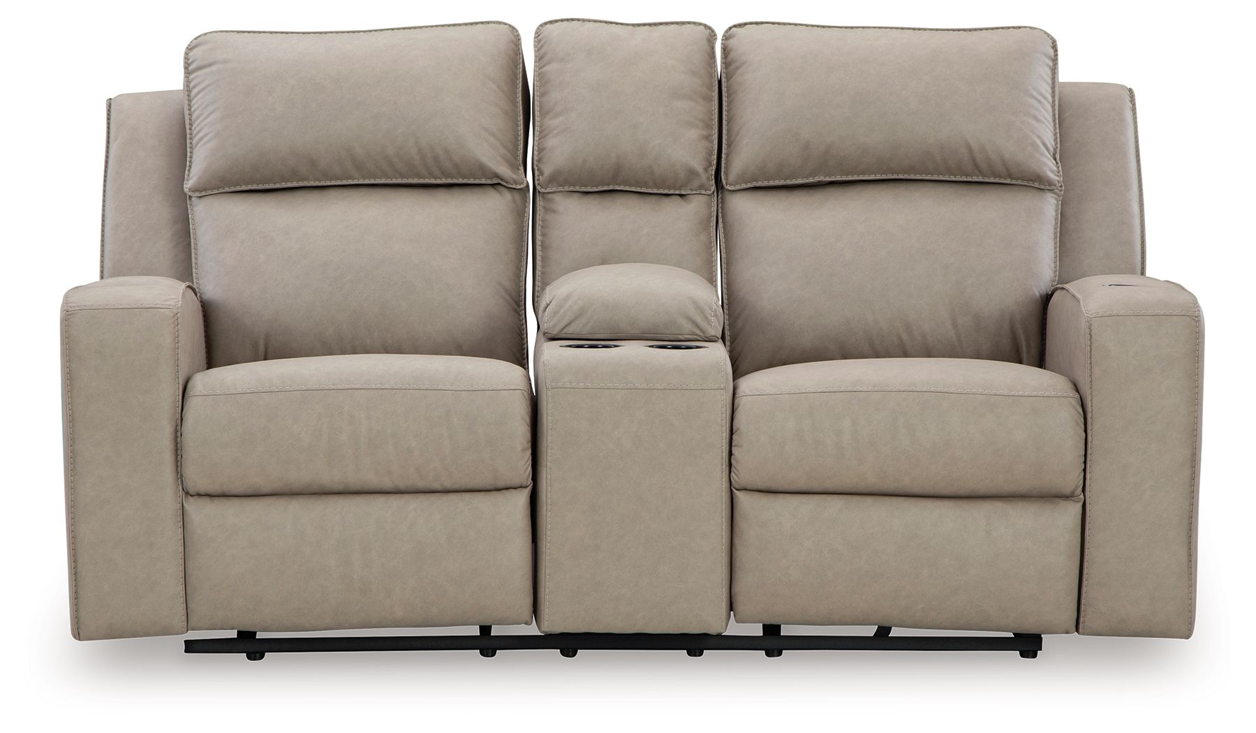 Pebble reclining loveseat with console, two armrests and three back cushions.
