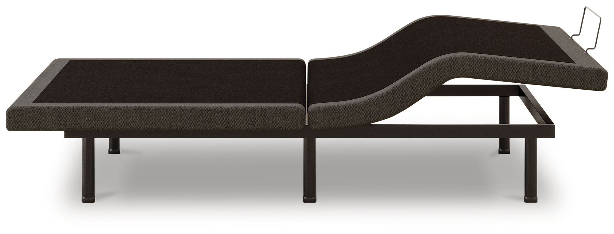 Adjustable bed base in black fabric with raised head section and metal frame