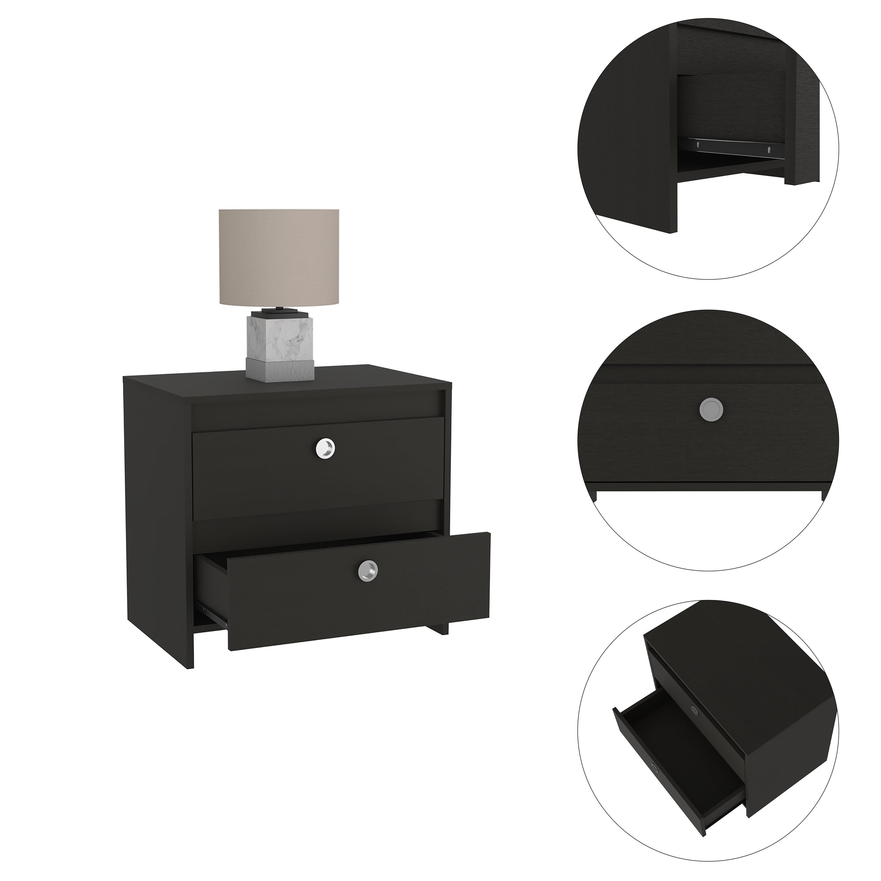 Black Nightstand - 2 Drawers, Stylish End Table