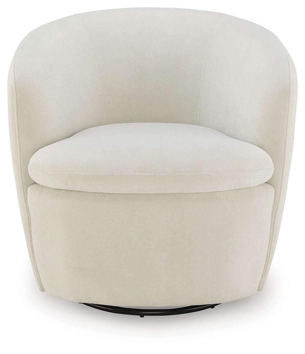 Swivel accent chair in light cream velvet with rounded back, arms, and seat.