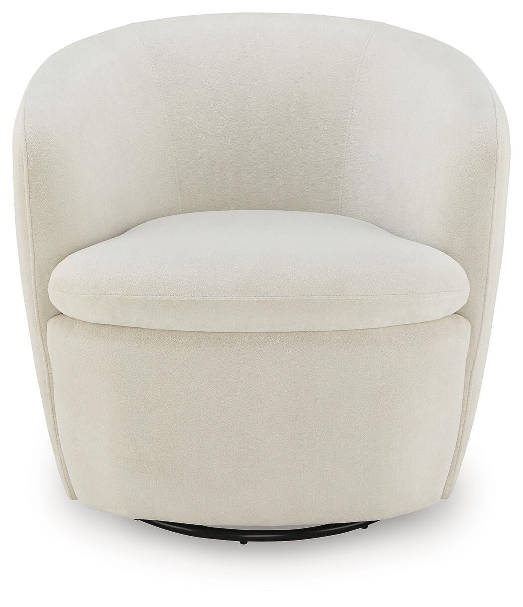 Swivel accent chair in light cream velvet with rounded back, arms, and seat.