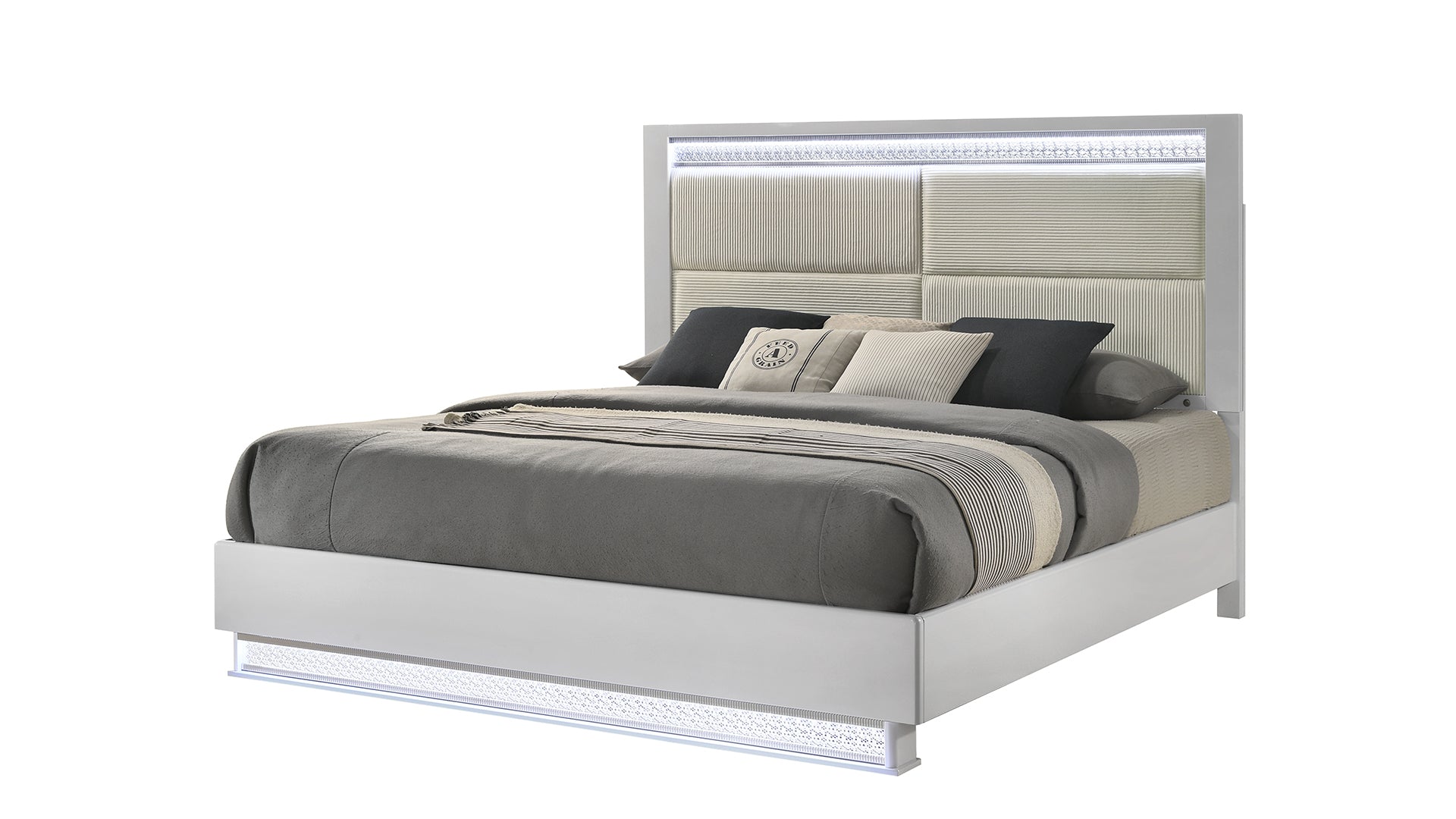 Modern Glam White Queen Bed, LED Headboard, Wood (NJ)