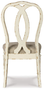 Dining side chair with ribbon back cutout, beige upholstered seat, white frame