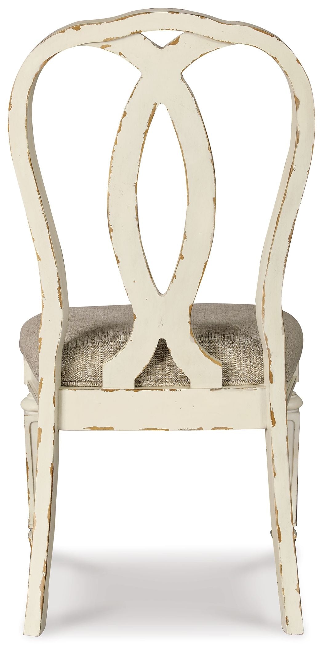 Dining side chair with ribbon back cutout, beige upholstered seat, white frame