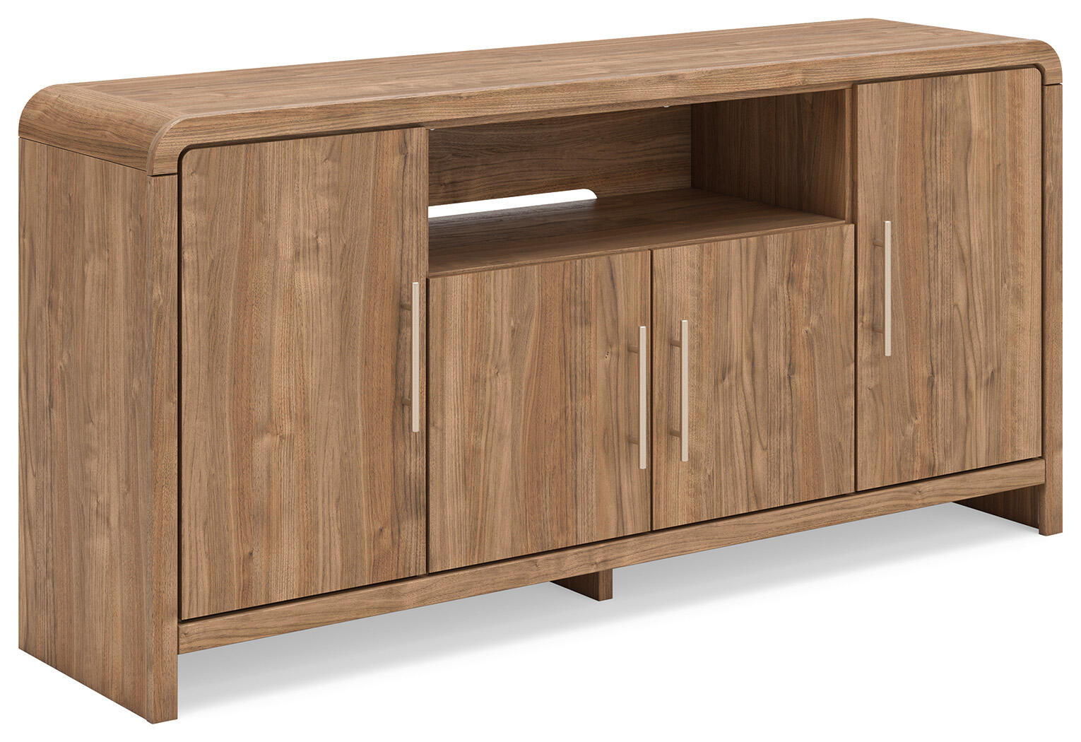 Brown wood TV stand with open center shelf and two cabinet doors