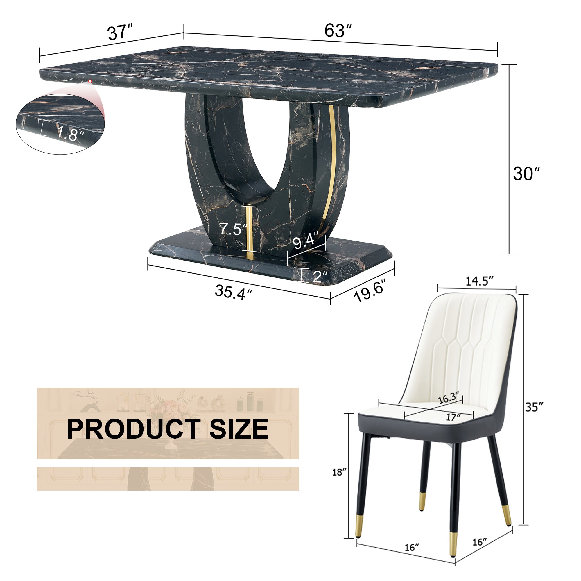 Black Marble Dining Set w/ 4 Chairs