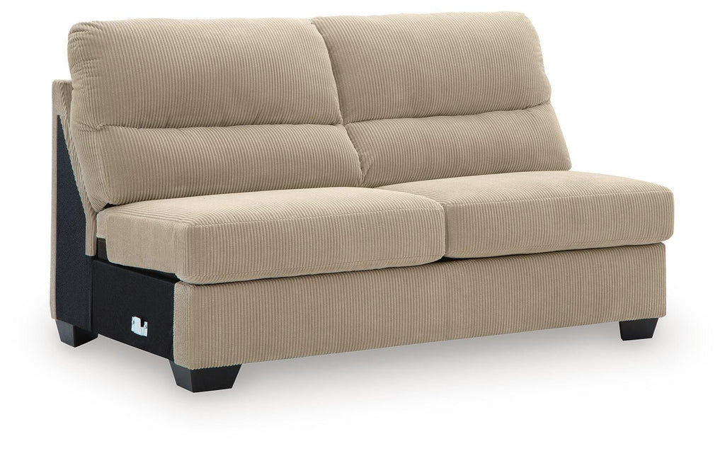 Sand armless loveseat with padded armsless design, tufted back cushions, dark legs