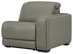 Gray power recliner chair with padded arms, wide seat, and stitched upholstery seams