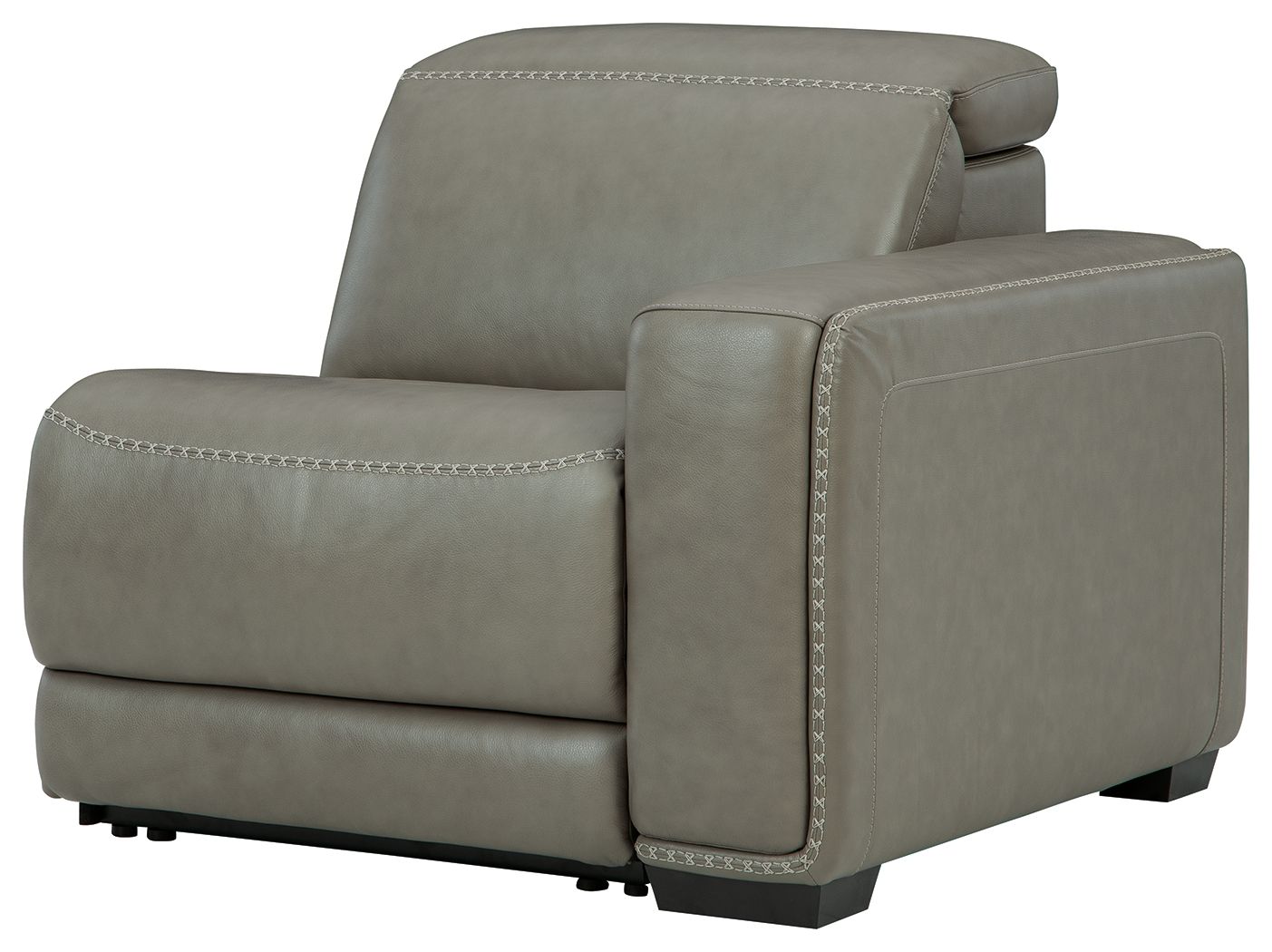 Gray power recliner chair with padded arms, wide seat, and stitched upholstery seams