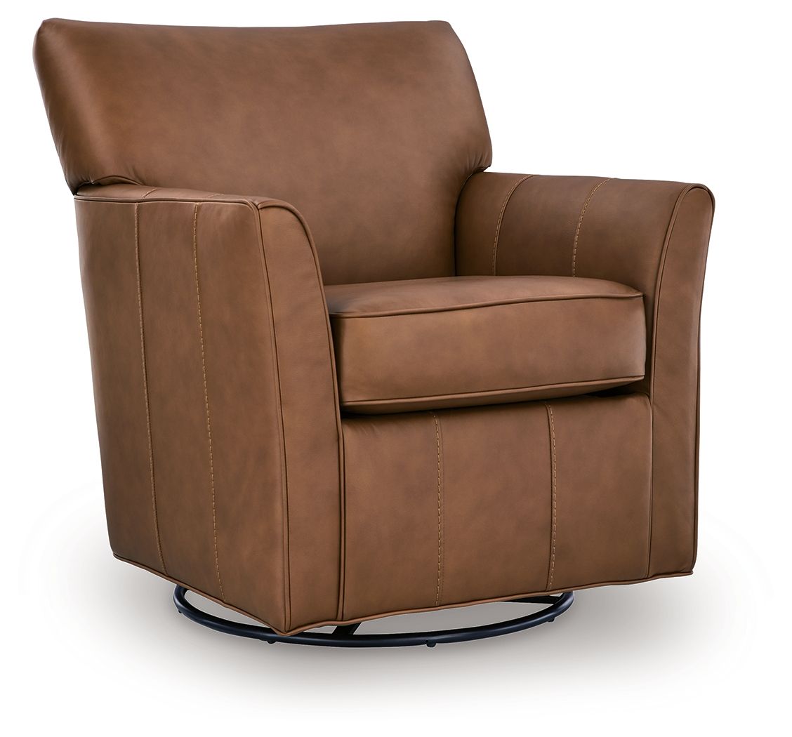 Brown swivel glider accent chair with padded arms, wide seat, and curved back.