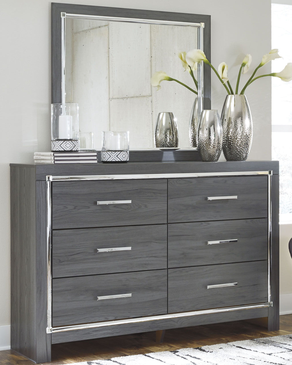 Dark gray bedroom dresser with mirror, six drawers and silver bar handles