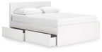 White panel platform bed with storage drawers and visible legs under the frame