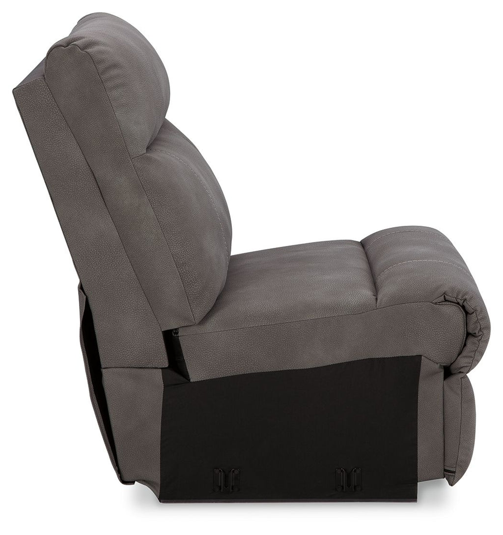 Slate gray armless recliner chair with padded backrest and dark base panel