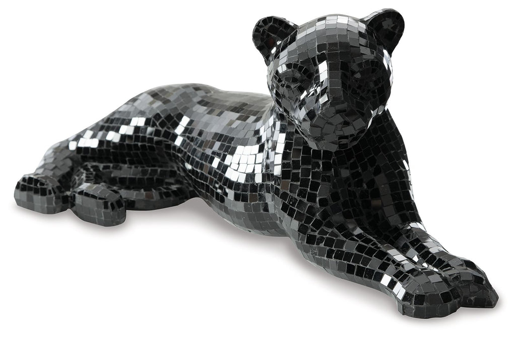 Black mosaic bear sculpture with paws stretched forward