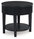 Black round end table with ribbed sides, round top, and lower shelf