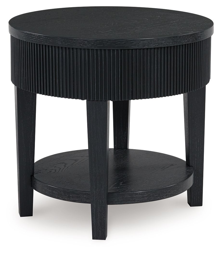 Black round end table with ribbed sides, round top, and lower shelf