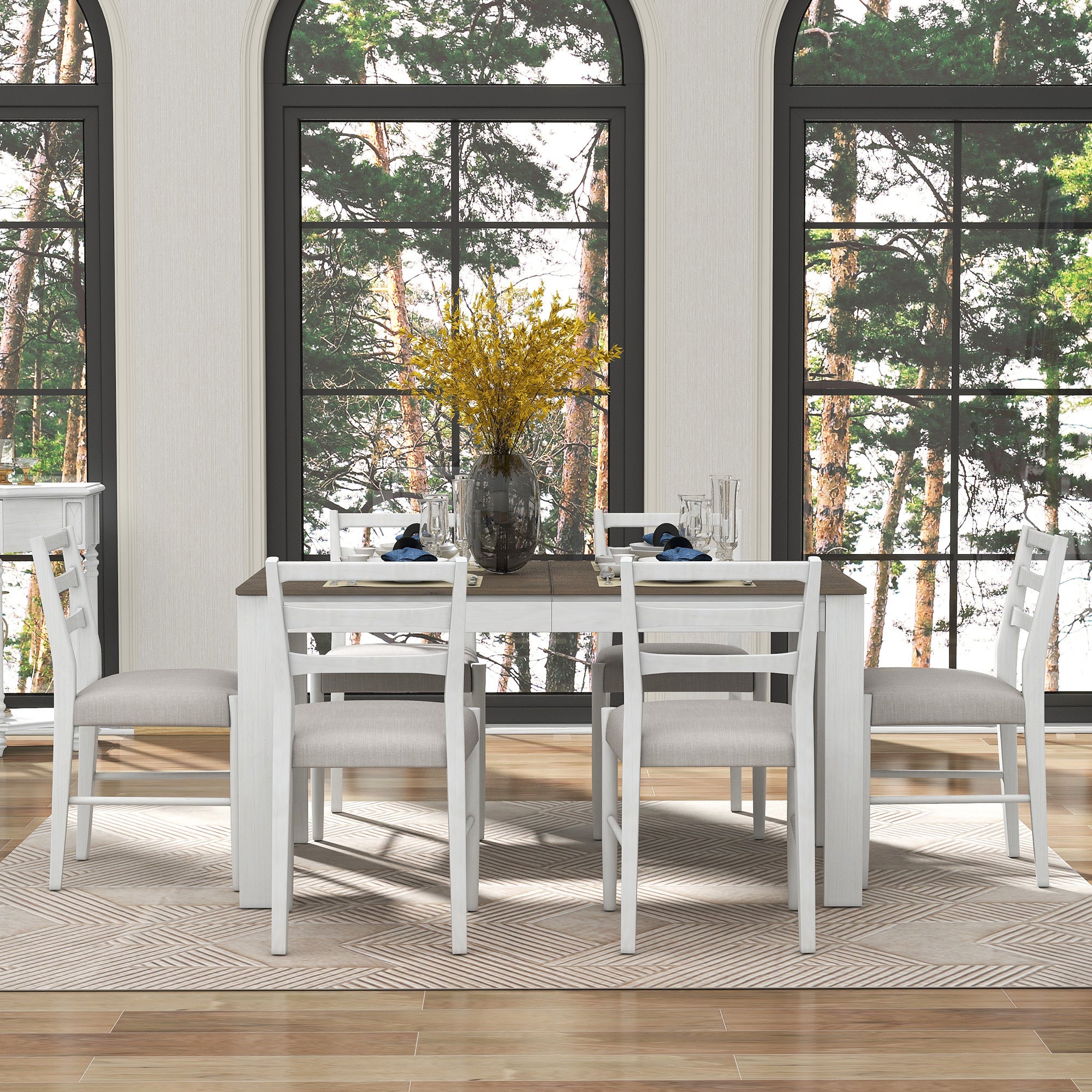 7-Pc. Extendable Dining Table Set w/ Chairs (Brown+White)