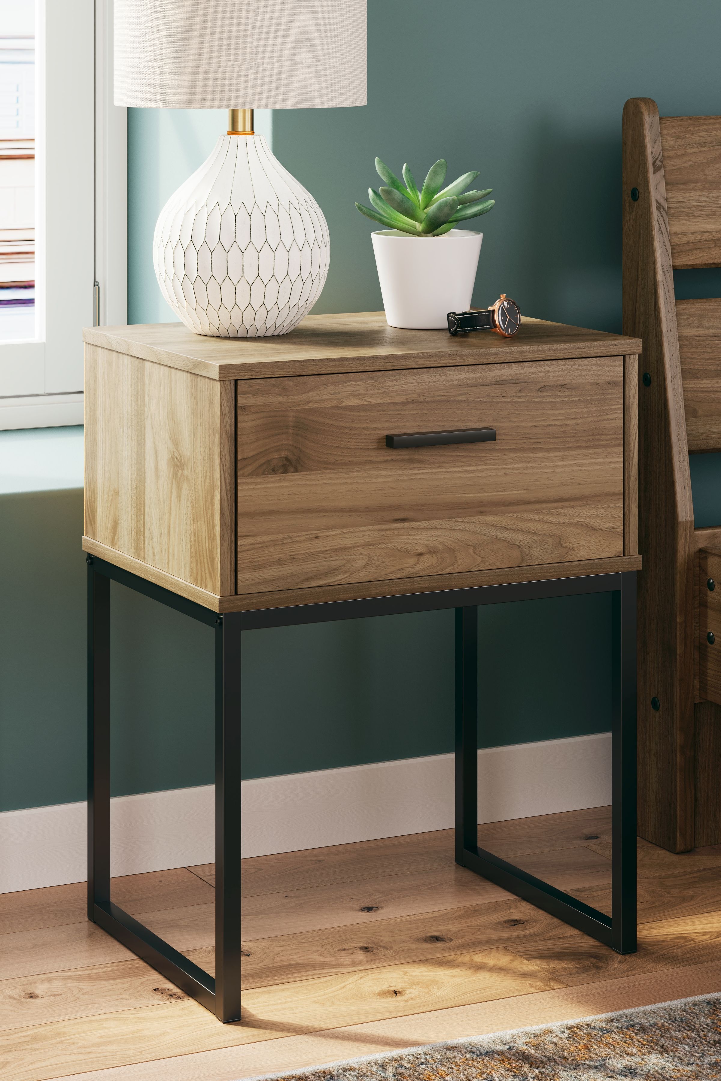 Honey one-drawer night stand with black metal frame and bar drawer pull