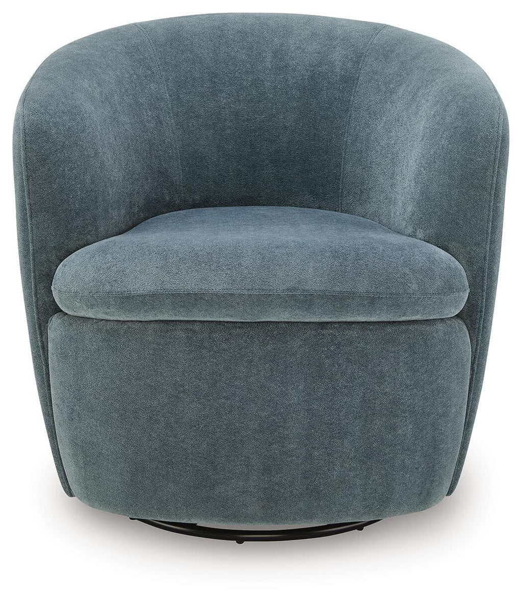 Swivel accent chair in blue-gray velvet with rounded backrest and cushioned seat.