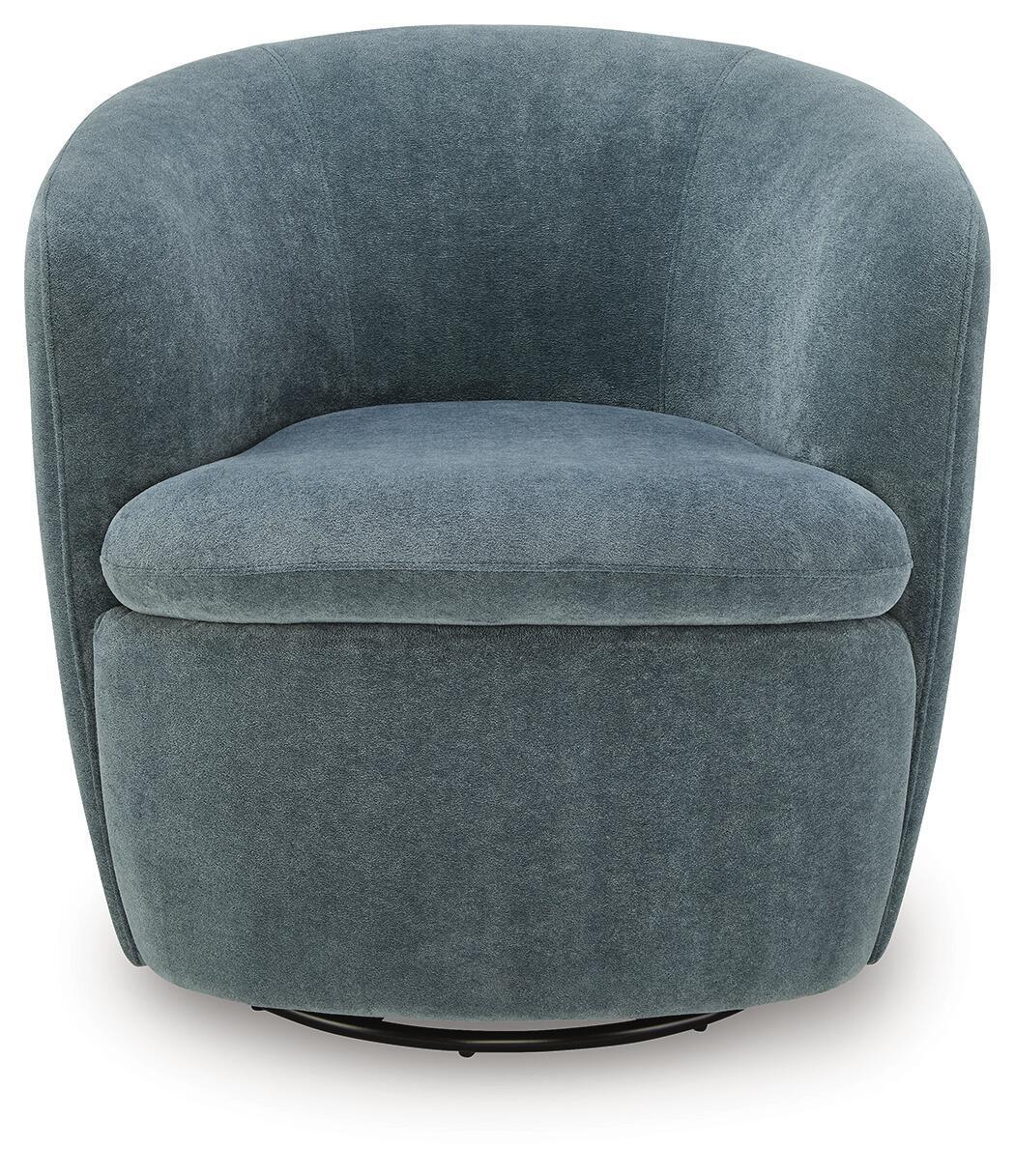 Swivel accent chair in blue-gray velvet with rounded backrest and cushioned seat.