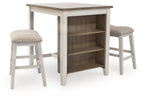 Rectangular counter table with open shelves and two beige upholstered stools
