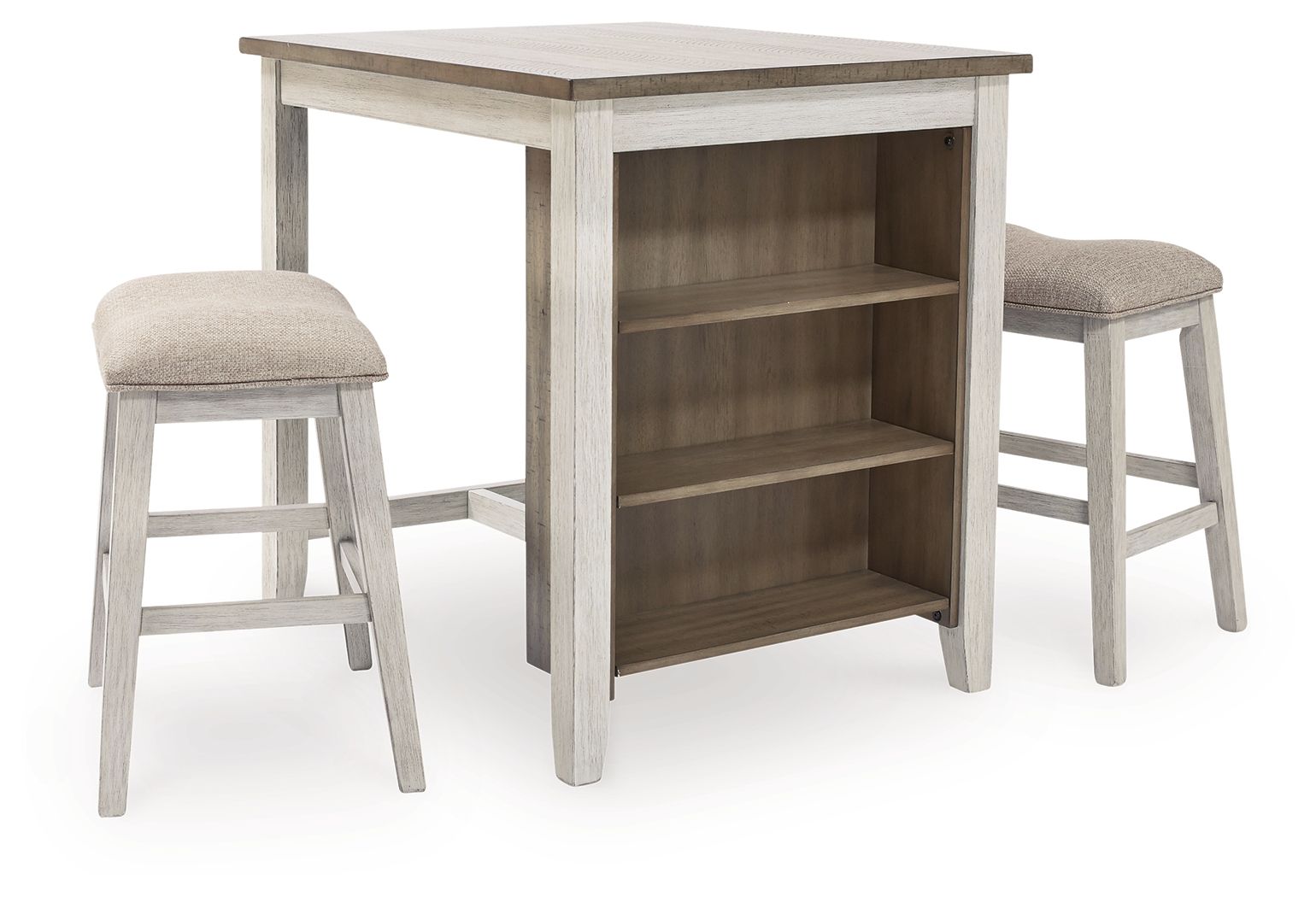 Rectangular counter table with open shelves and two beige upholstered stools