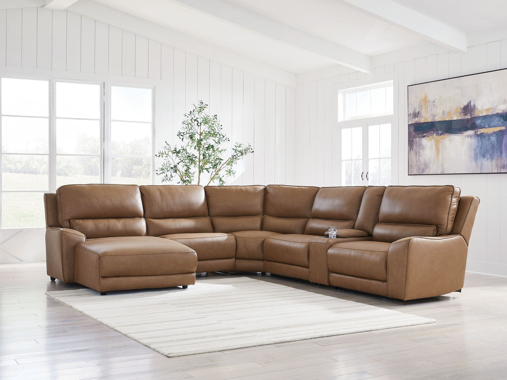 Power reclining sectional with multiple seats and corner chaise in tan-brown leather