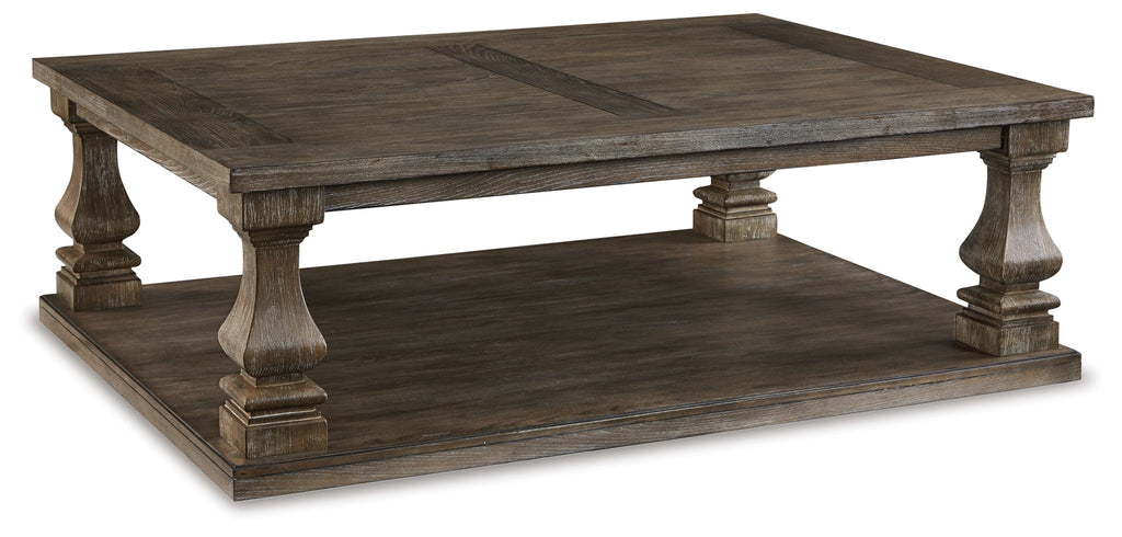 Gray rectangular cocktail table with two-tier open shelf and turned legs