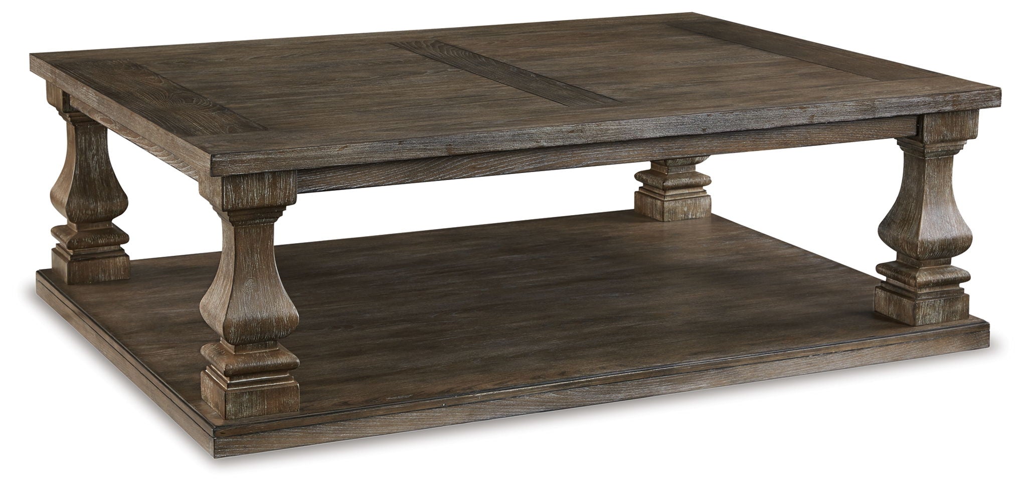 Gray rectangular cocktail table with two-tier open shelf and turned legs
