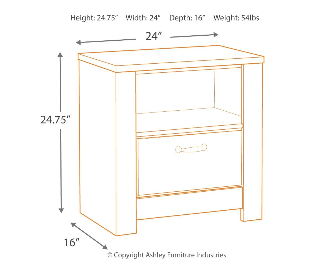 Nightstand dimension diagram: 24.75 in H, 24 in W, 16 in D