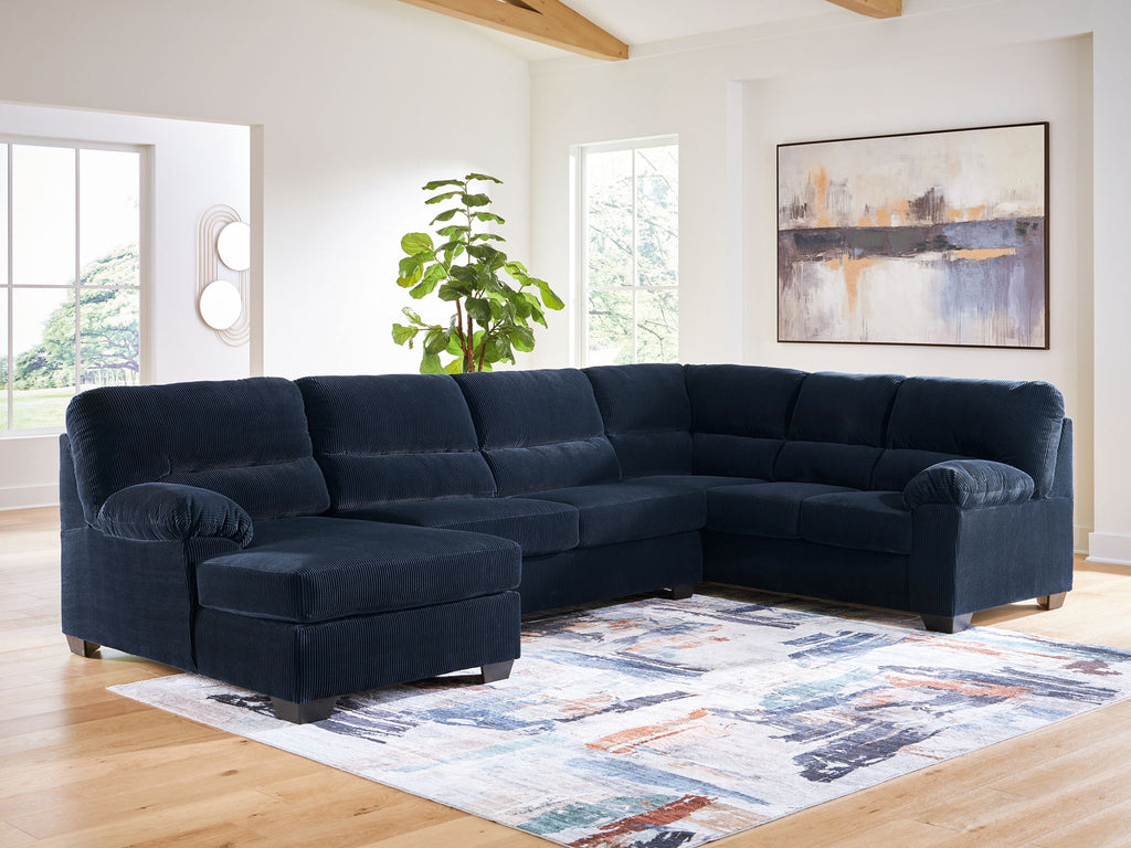 Navy sectional sofa with corner chaise and wide armrests
