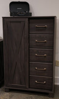 Dark brown dressing chest with hinged panel and four drawers with brass pulls