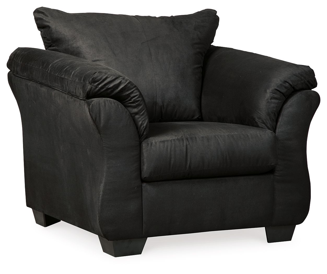 Black arm chair with rolled arms, deep seat cushion, and square back