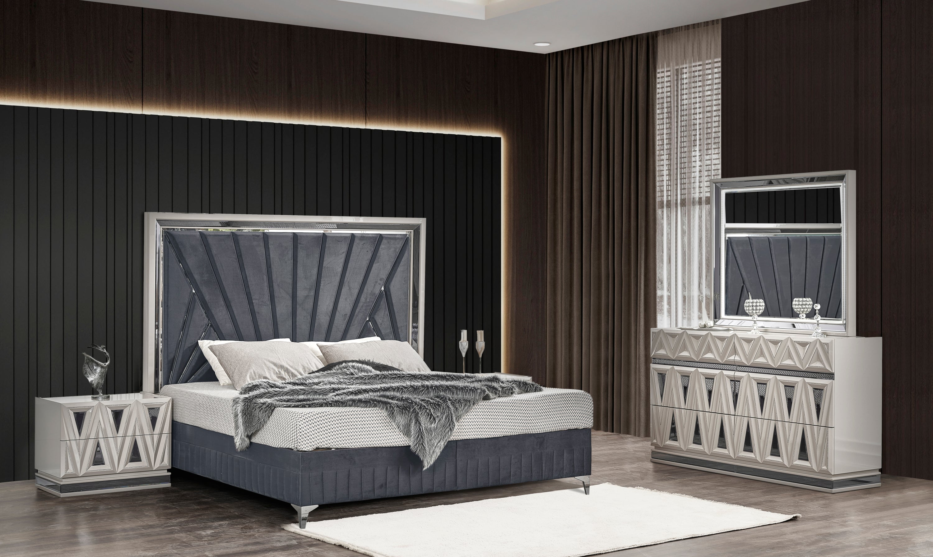 Lavita Modern & Contemporary King Upholstered Bedroom Set Wood Gold Grey