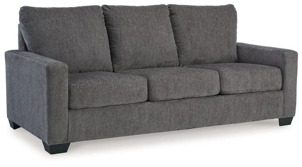 Dark gray 3-seat sofa with padded armrests and segmented cushions