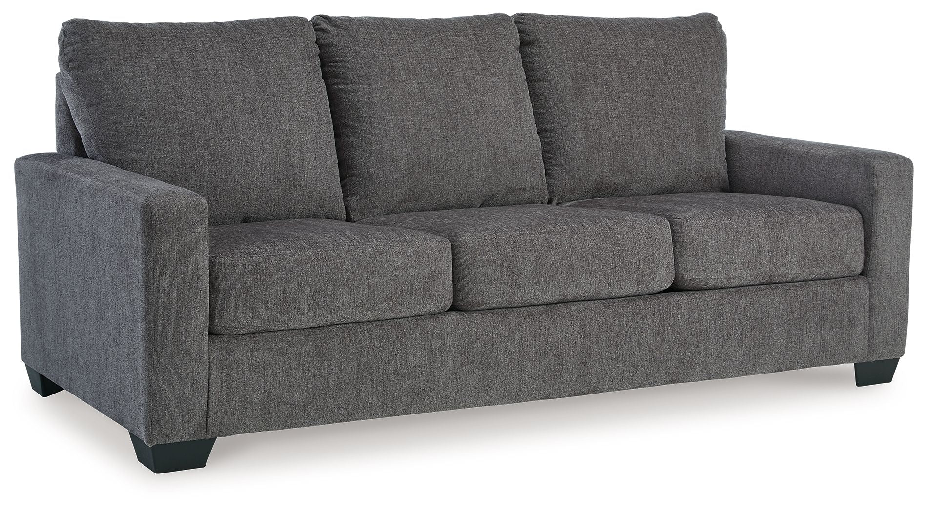 Dark gray 3-seat sofa with padded armrests and segmented cushions