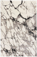 Gray area rug with abstract black marble-like pattern and distressed texture