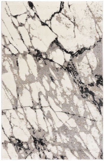 Gray area rug with abstract black marble-like pattern and distressed texture