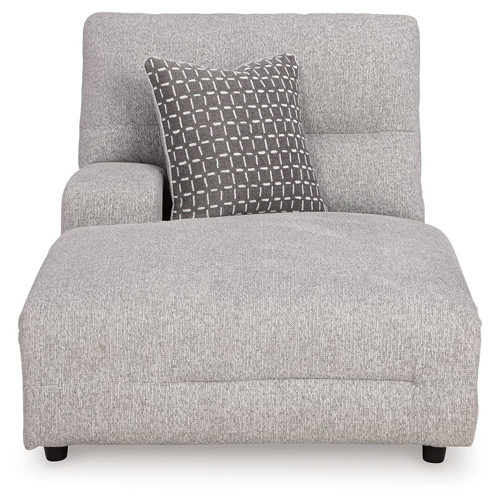 Pewter gray power reclining chaise with wide seat, tall backrest, and grid accent pillow