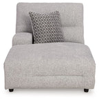 Pewter gray power reclining chaise with wide seat, tall backrest, and grid accent pillow
