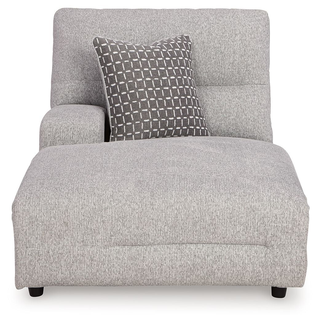 Pewter gray power reclining chaise with wide seat, tall backrest, and grid accent pillow