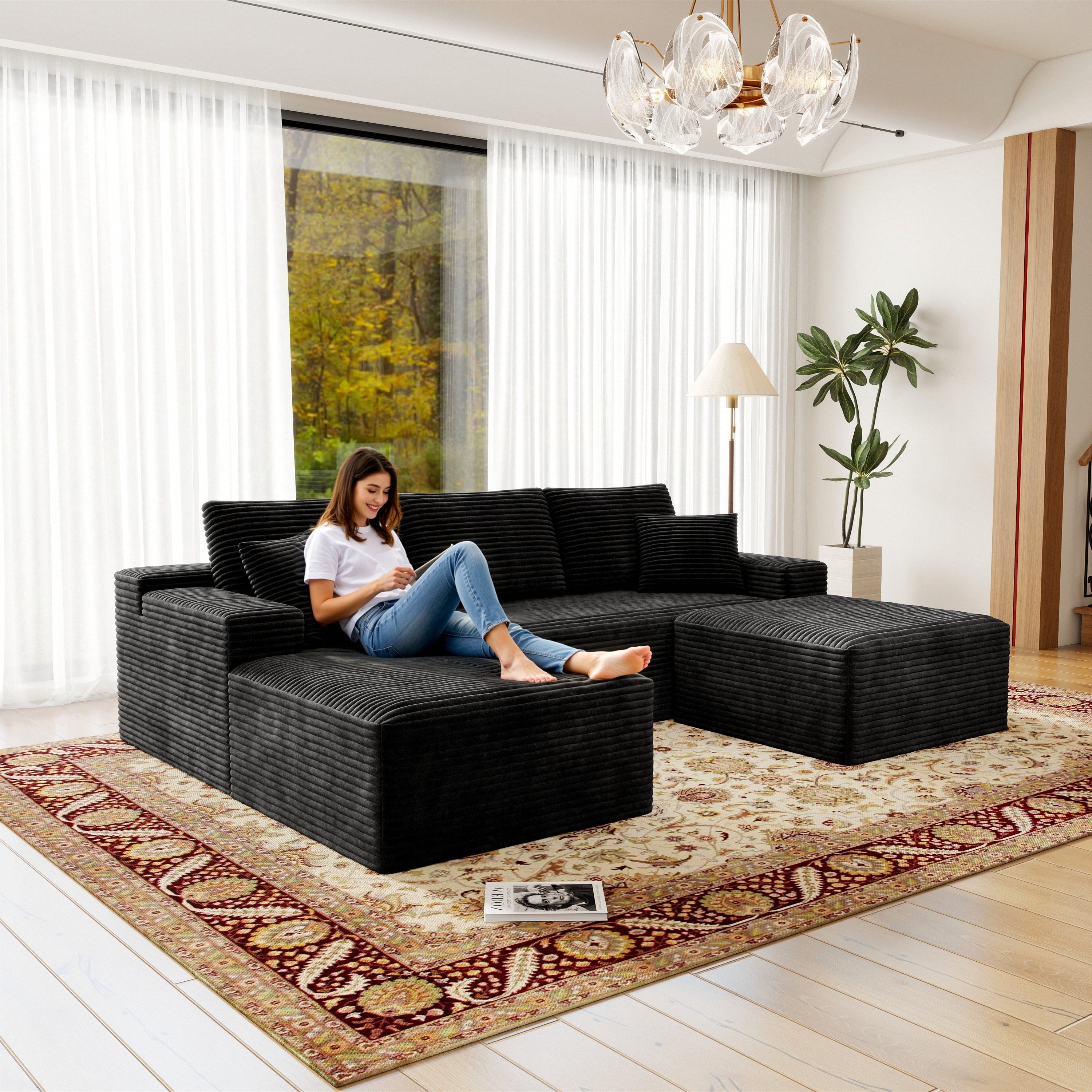 Modular Sectional Sofa Black Corduroy No Assembly