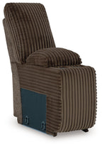 Chocolate-brown corduroy console with storage, ribbed upholstery, hinged seat, side ports