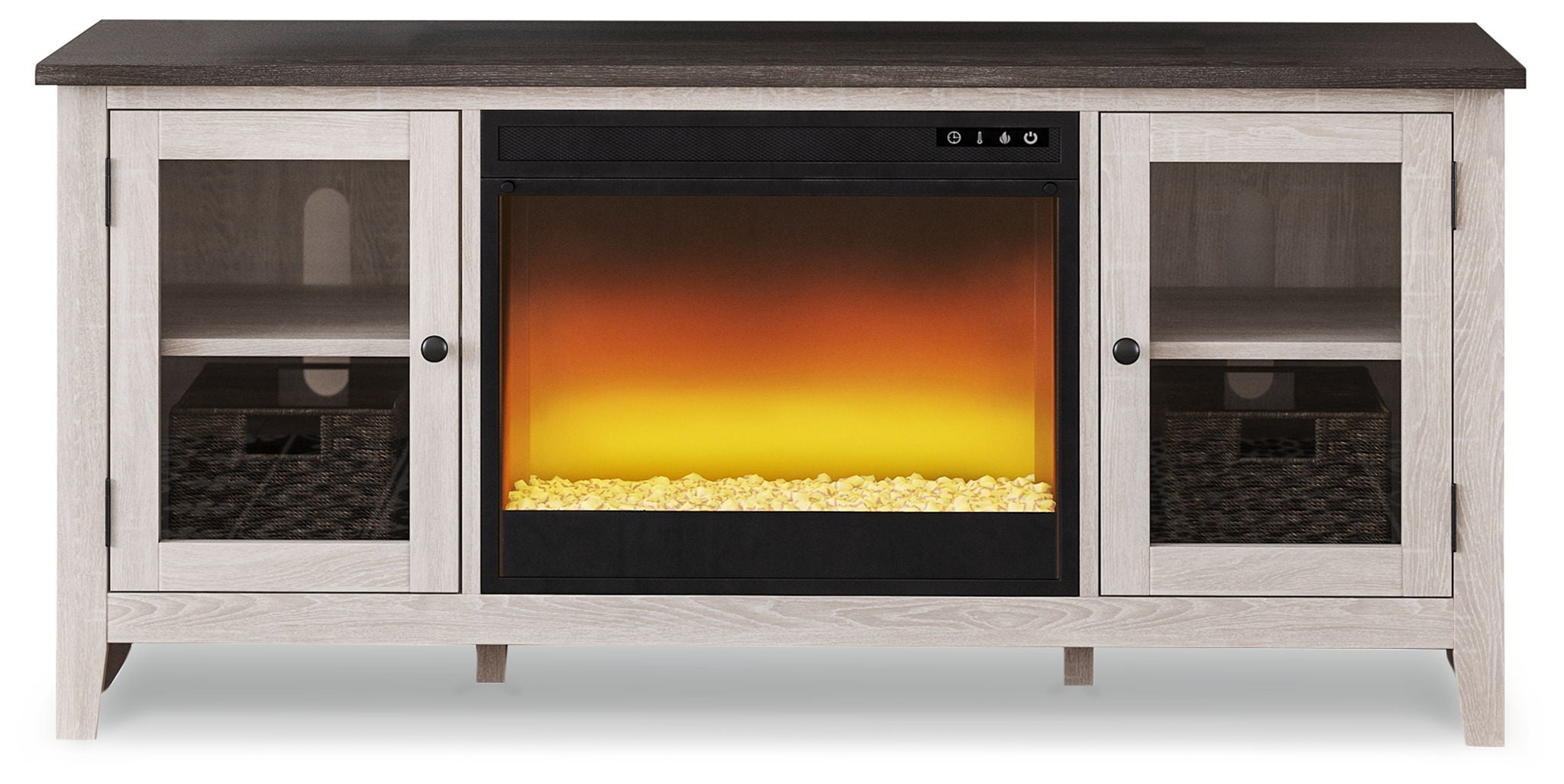 White TV stand with fireplace insert, glass doors and glowing amber flame panel