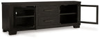 Extra large black TV stand with one side open shelf, two drawers, and one cabinet door
