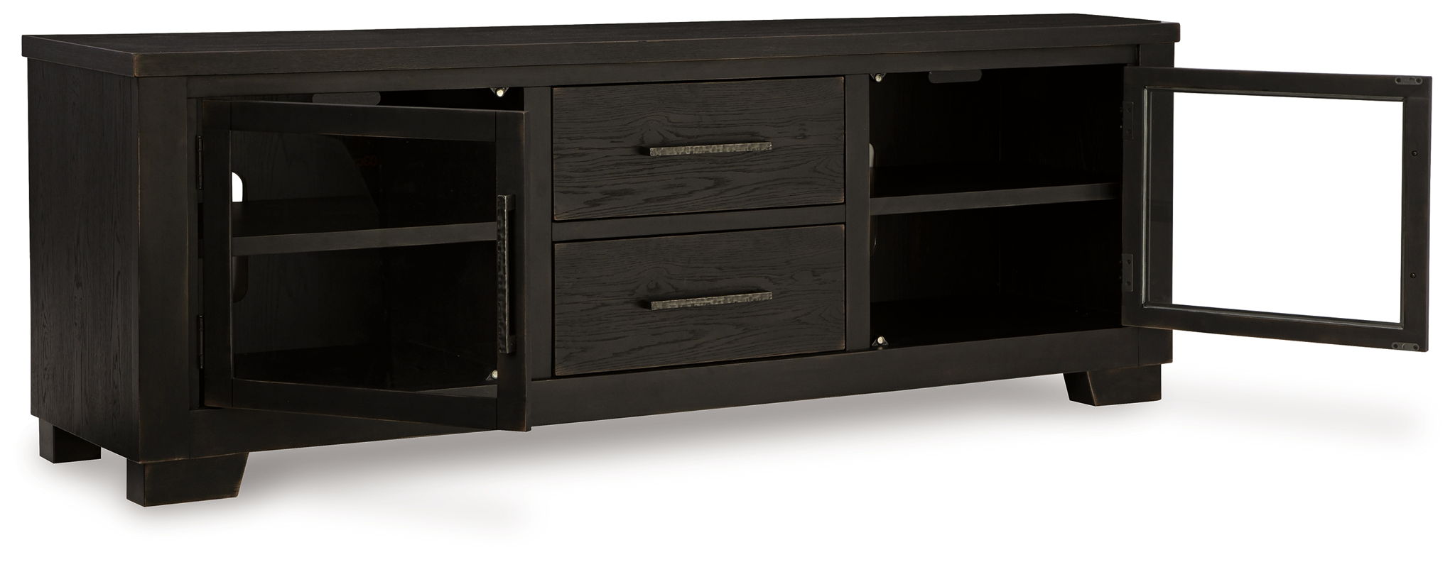 Extra large black TV stand with one side open shelf, two drawers, and one cabinet door