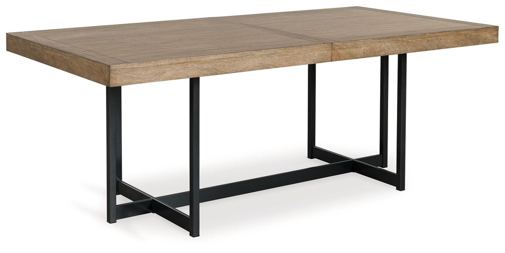 Rectangular light brown dining extension table angled view with black metal frame